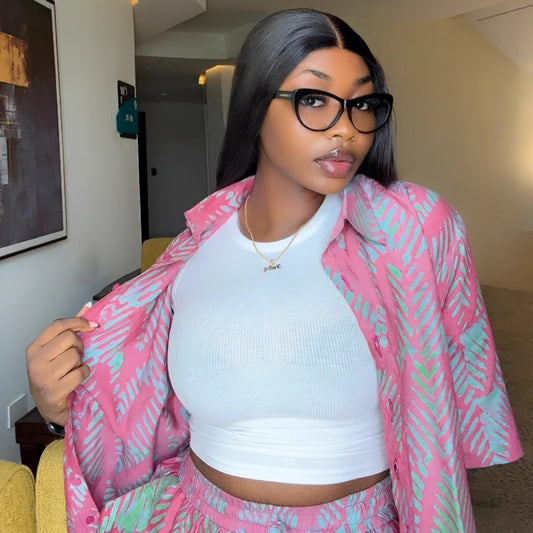 Lapel-collar Printed Shirt And High-waisted