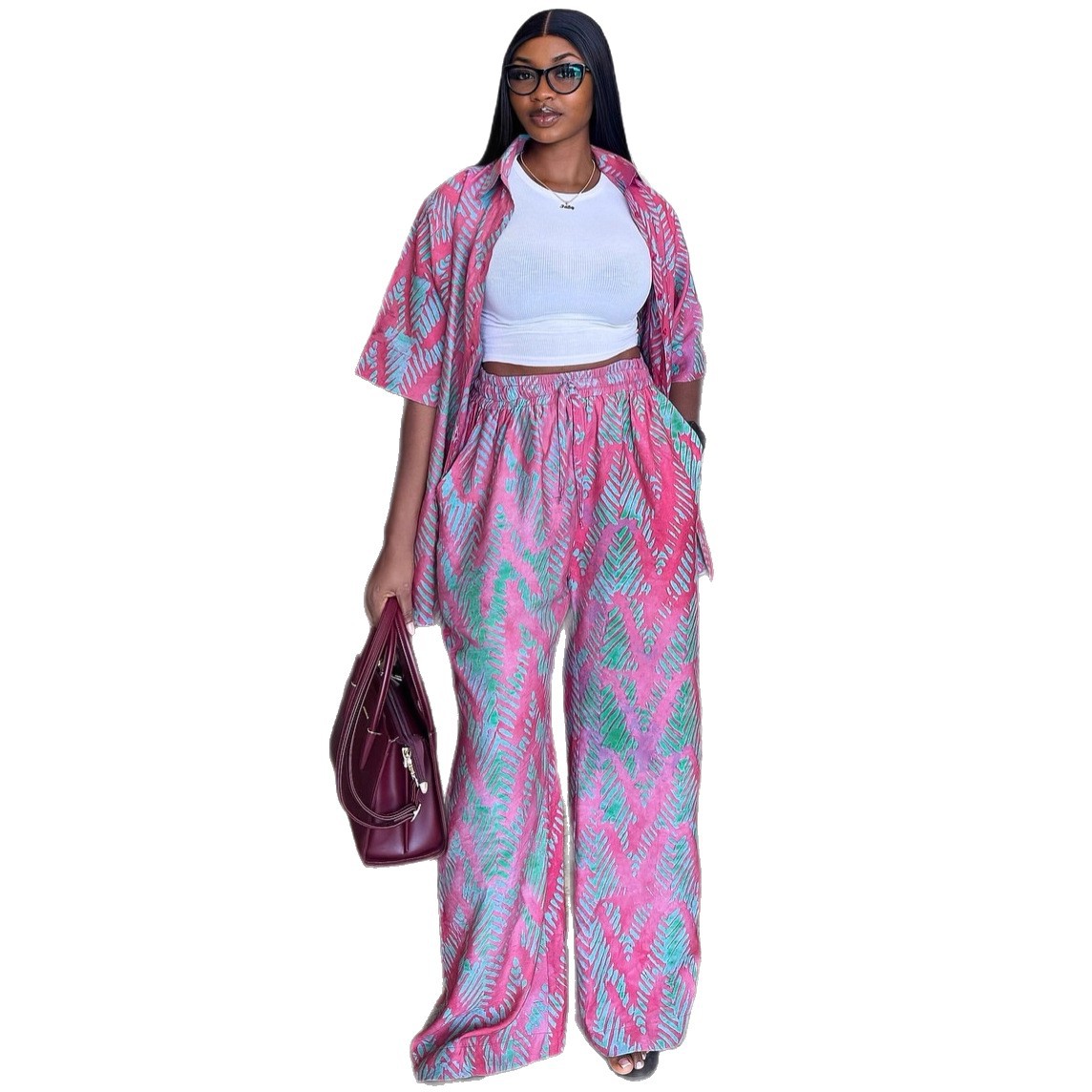 Lapel-collar Printed Shirt And High-waisted