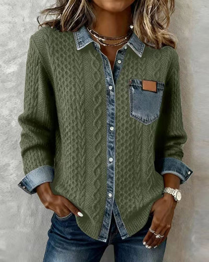Stylish, Versatile Knitted Patchwork Denim Shirt For Women