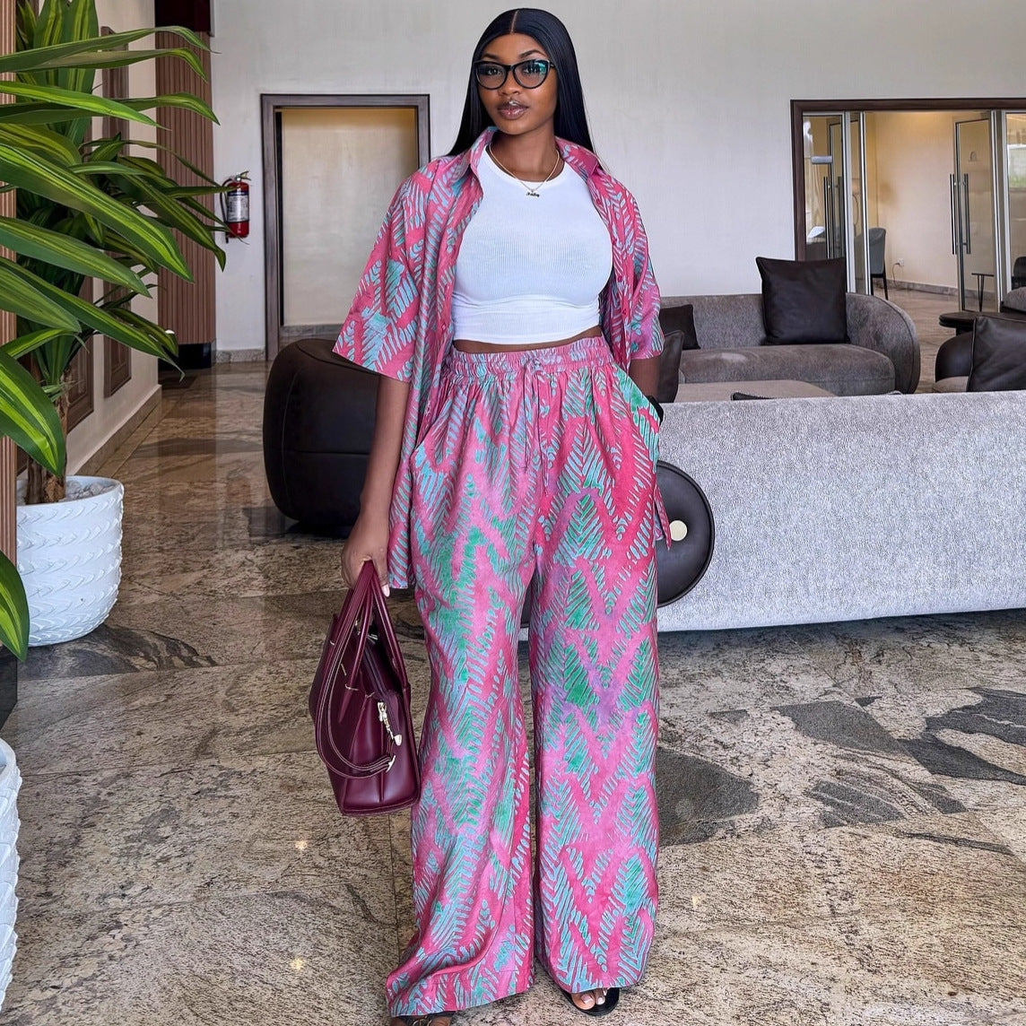 Lapel-collar Printed Shirt And High-waisted