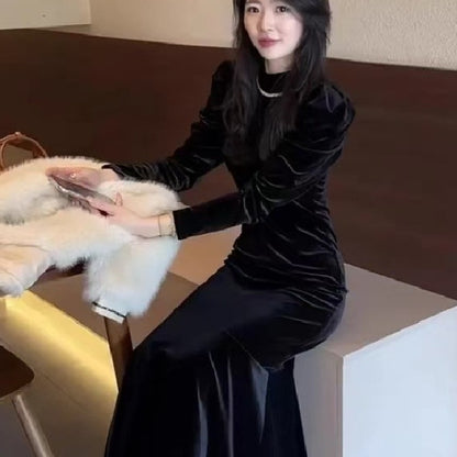 New Base-layer French-style Chic Korean Velvet Dress