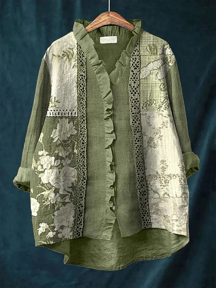 New Green Embroidered Floral Lace-trimmed Top