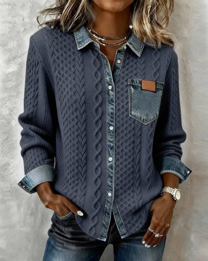 Stylish, Versatile Knitted Patchwork Denim Shirt For Women