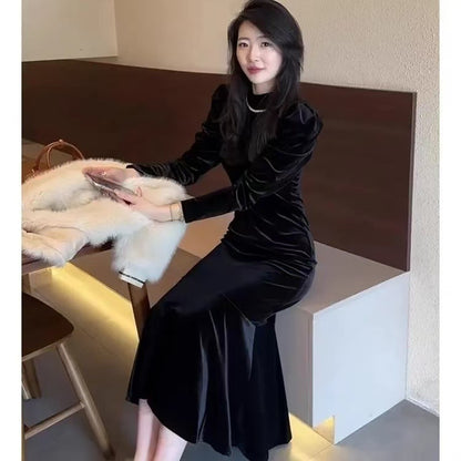 New Base-layer French-style Chic Korean Velvet Dress