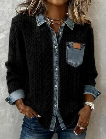 Stylish, Versatile Knitted Patchwork Denim Shirt For Women