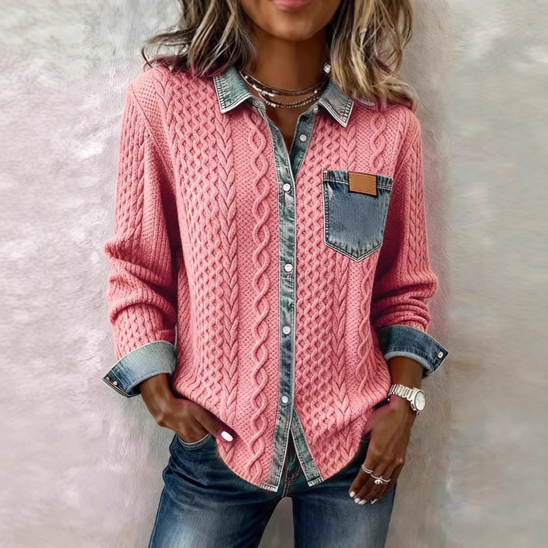 Stylish, Versatile Knitted Patchwork Denim Shirt For Women