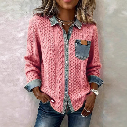 Stylish, Versatile Knitted Patchwork Denim Shirt For Women