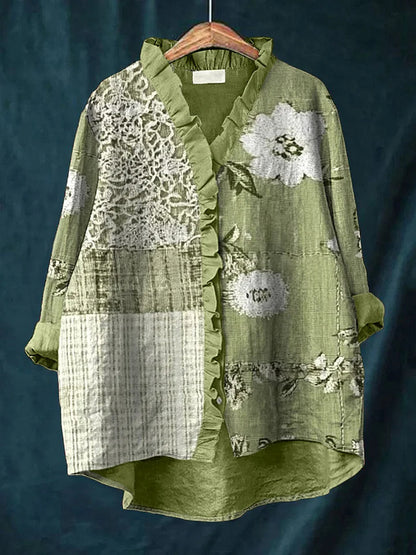 New Green Embroidered Floral Lace-trimmed Top
