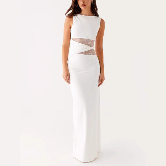 Womens Slim-Fit Lace-Patch Draping Dress