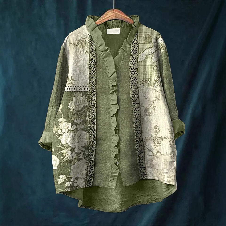 New Green Embroidered Floral Lace-trimmed Top