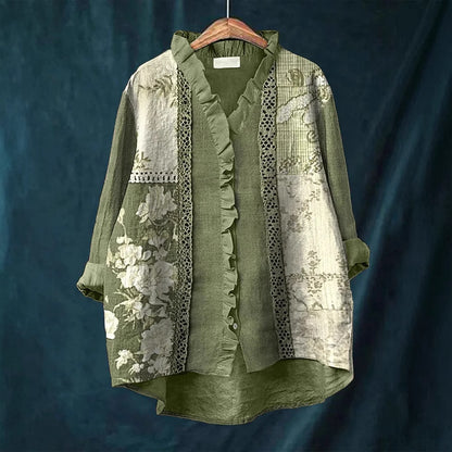 New Green Embroidered Floral Lace-trimmed Top