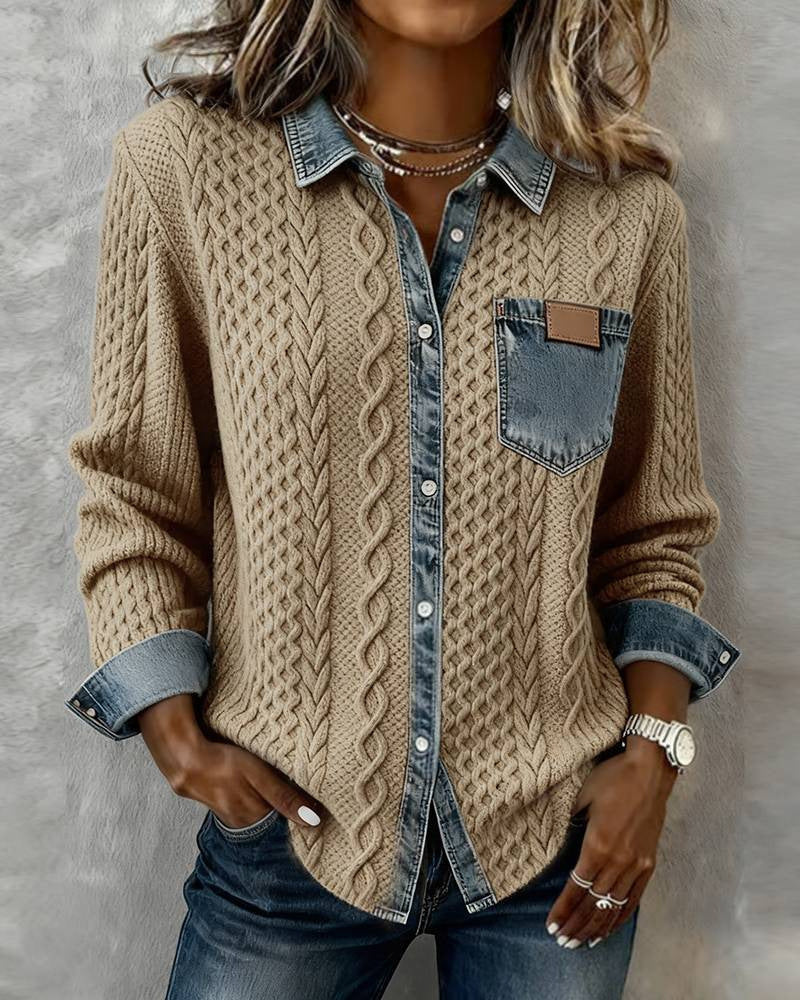 Stylish, Versatile Knitted Patchwork Denim Shirt For Women