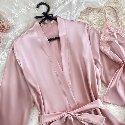 3-piece Pajama Set Autumn Winter Faux-silk Night Gown Bathrobe Sexy Ice-silk Camisole Pajama