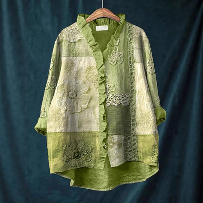 New Green Embroidered Floral Lace-trimmed Top