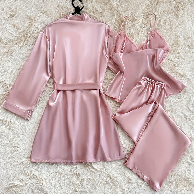 3-piece Pajama Set Autumn Winter Faux-silk Night Gown Bathrobe Sexy Ice-silk Camisole Pajama