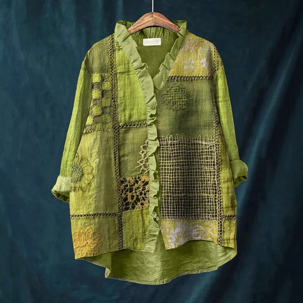 New Green Embroidered Floral Lace-trimmed Top