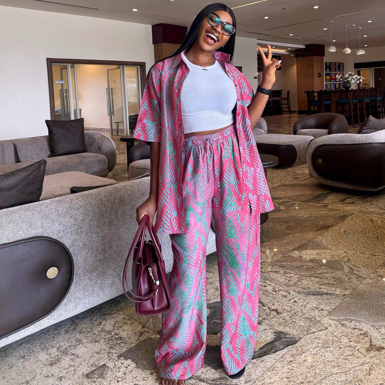 Lapel-collar Printed Shirt And High-waisted