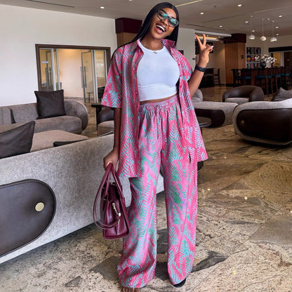 Lapel-collar Printed Shirt And High-waisted