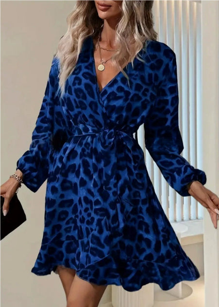 Fashion Leopard Print Dress Women's Elegant Deep V-neck Long Sleeve Belt Midi Dresses Casual Party Dresses