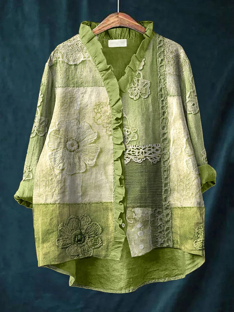 New Green Embroidered Floral Lace-trimmed Top