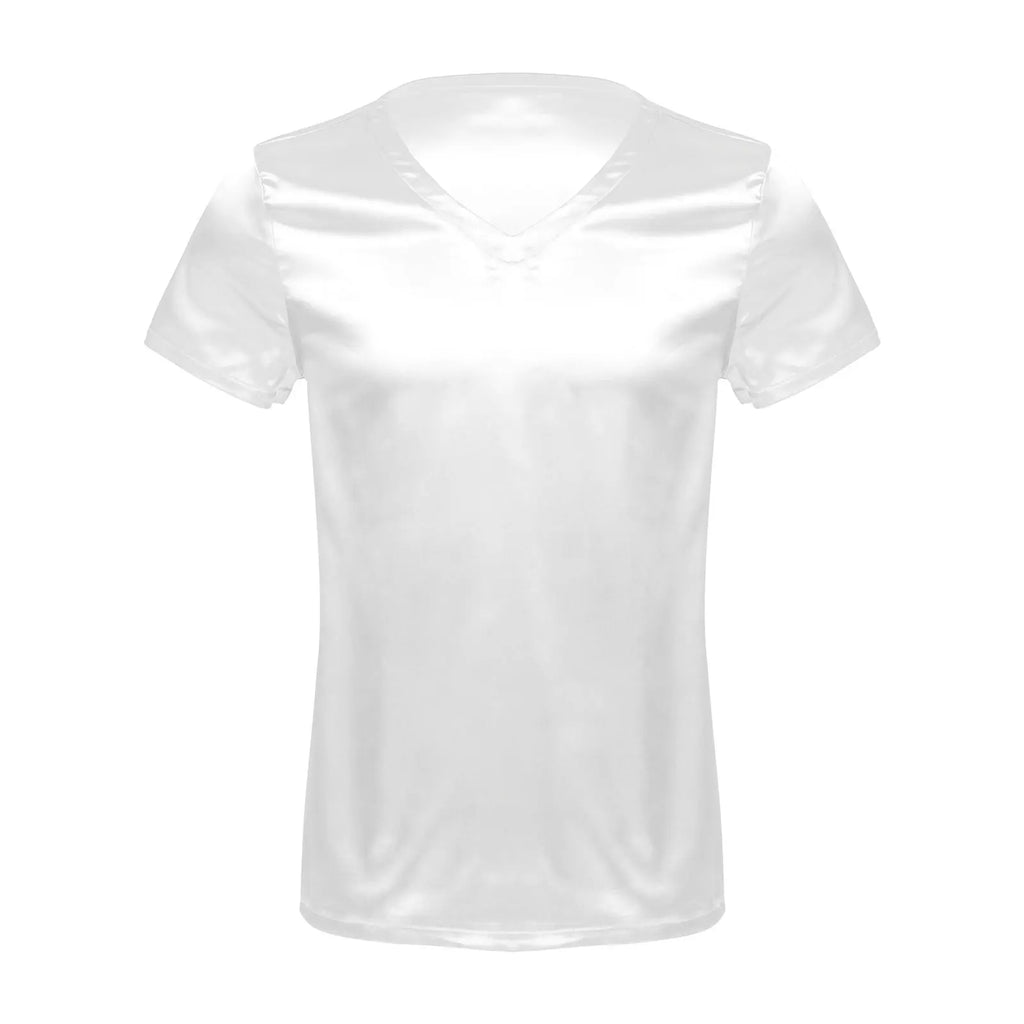 Mens Male Clothing V Neck Short Sleeve Satin Casual Comfortable T-Shirt Loose Pajamas Tops Loungewear Sleepwear Nightwear