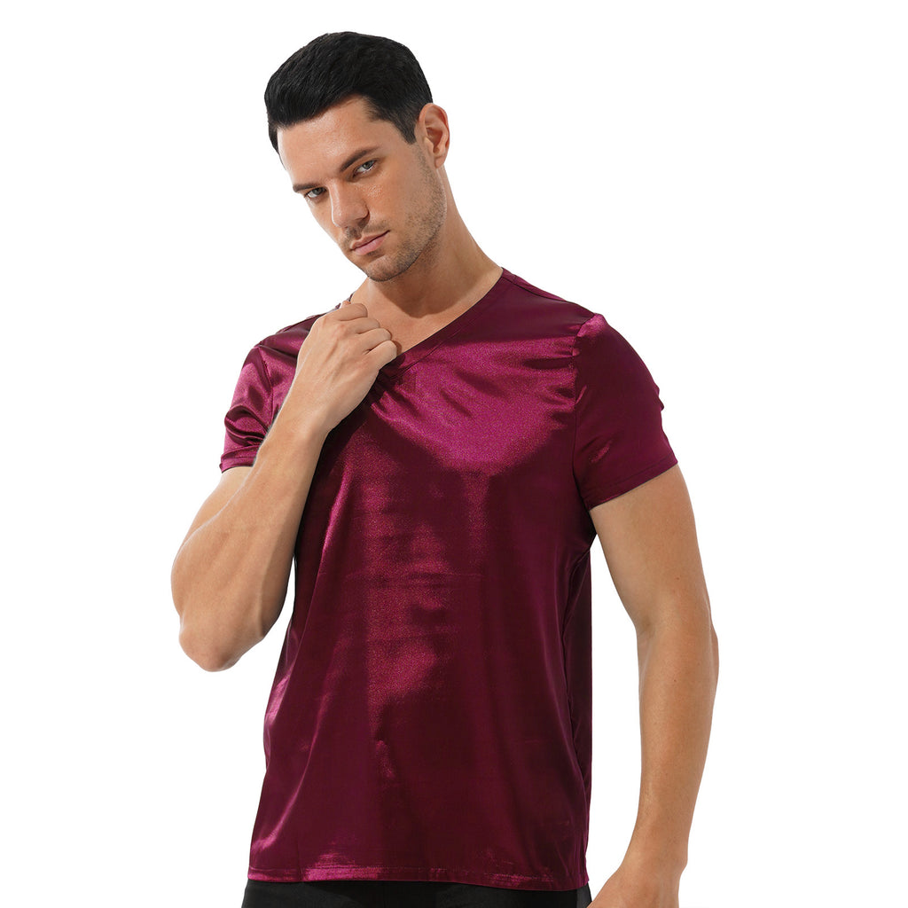 Mens Male Clothing V Neck Short Sleeve Satin Casual Comfortable T-Shirt Loose Pajamas Tops Loungewear Sleepwear Nightwear