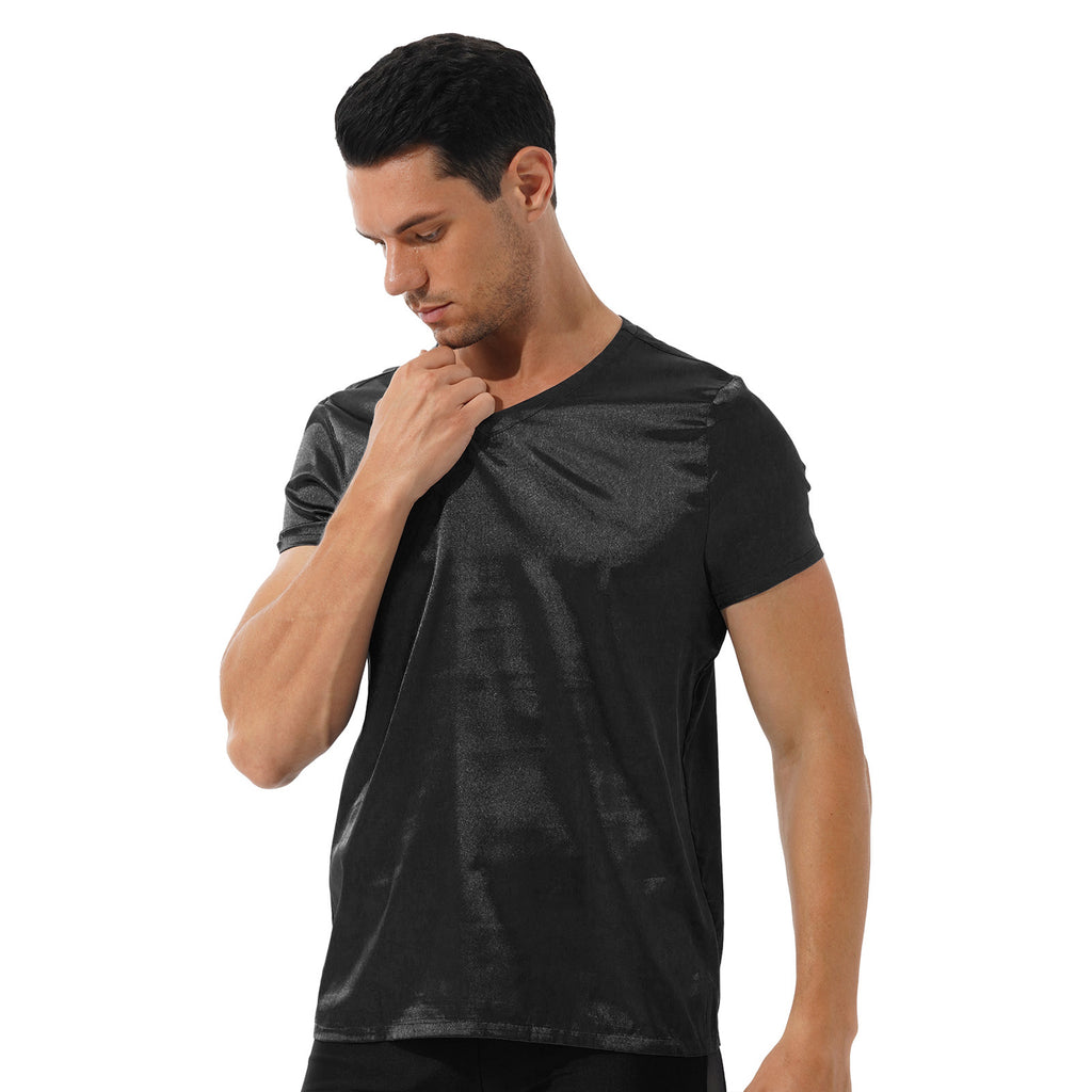 Mens Male Clothing V Neck Short Sleeve Satin Casual Comfortable T-Shirt Loose Pajamas Tops Loungewear Sleepwear Nightwear