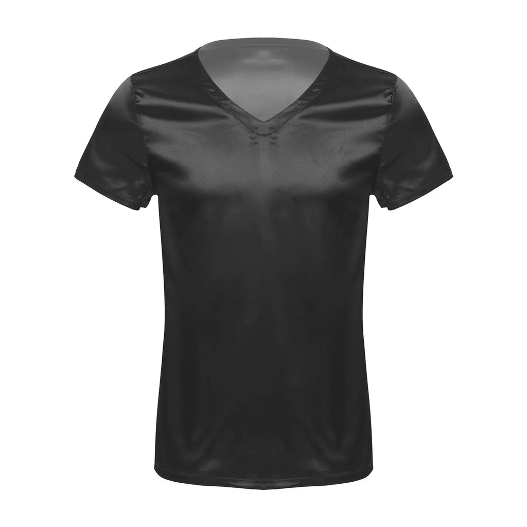 Mens Male Clothing V Neck Short Sleeve Satin Casual Comfortable T-Shirt Loose Pajamas Tops Loungewear Sleepwear Nightwear