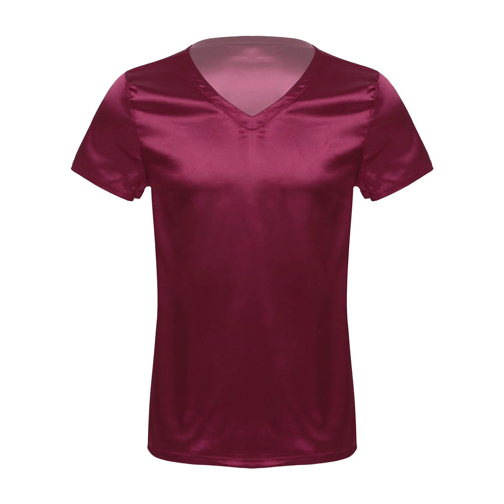 Mens Male Clothing V Neck Short Sleeve Satin Casual Comfortable T-Shirt Loose Pajamas Tops Loungewear Sleepwear Nightwear