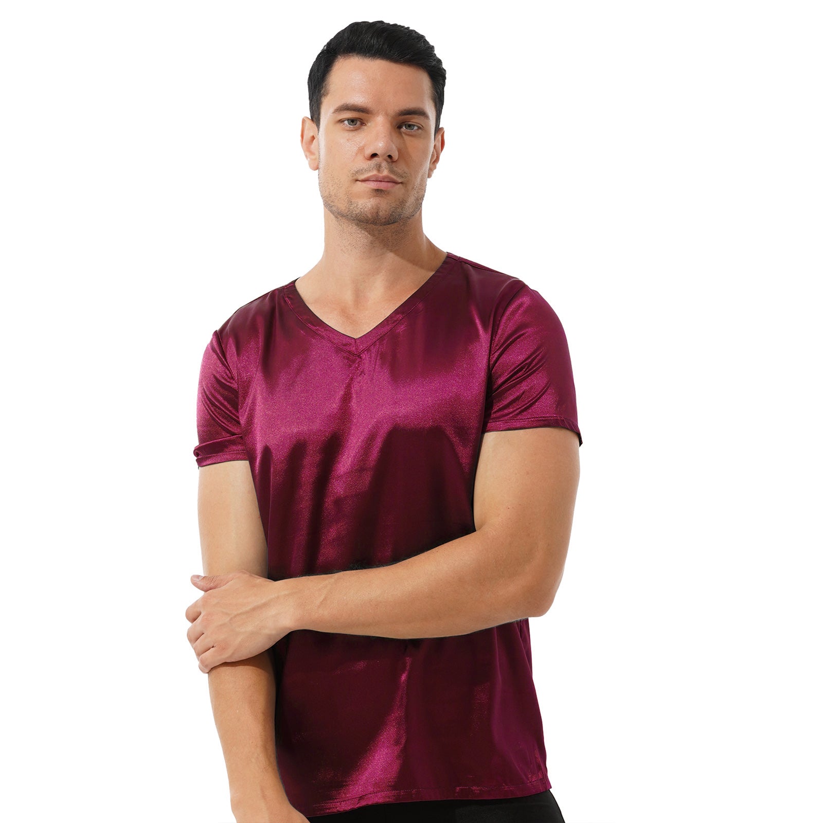 Mens Male Clothing V Neck Short Sleeve Satin Casual Comfortable T-Shirt Loose Pajamas Tops Loungewear Sleepwear Nightwear