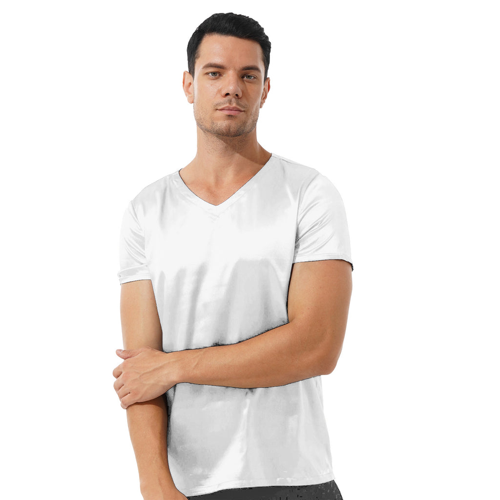 Mens Male Clothing V Neck Short Sleeve Satin Casual Comfortable T-Shirt Loose Pajamas Tops Loungewear Sleepwear Nightwear