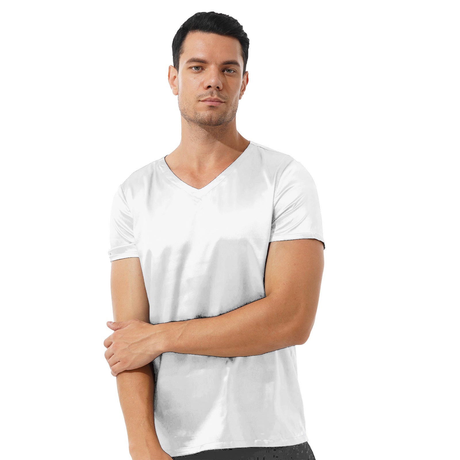 Mens Male Clothing V Neck Short Sleeve Satin Casual Comfortable T-Shirt Loose Pajamas Tops Loungewear Sleepwear Nightwear