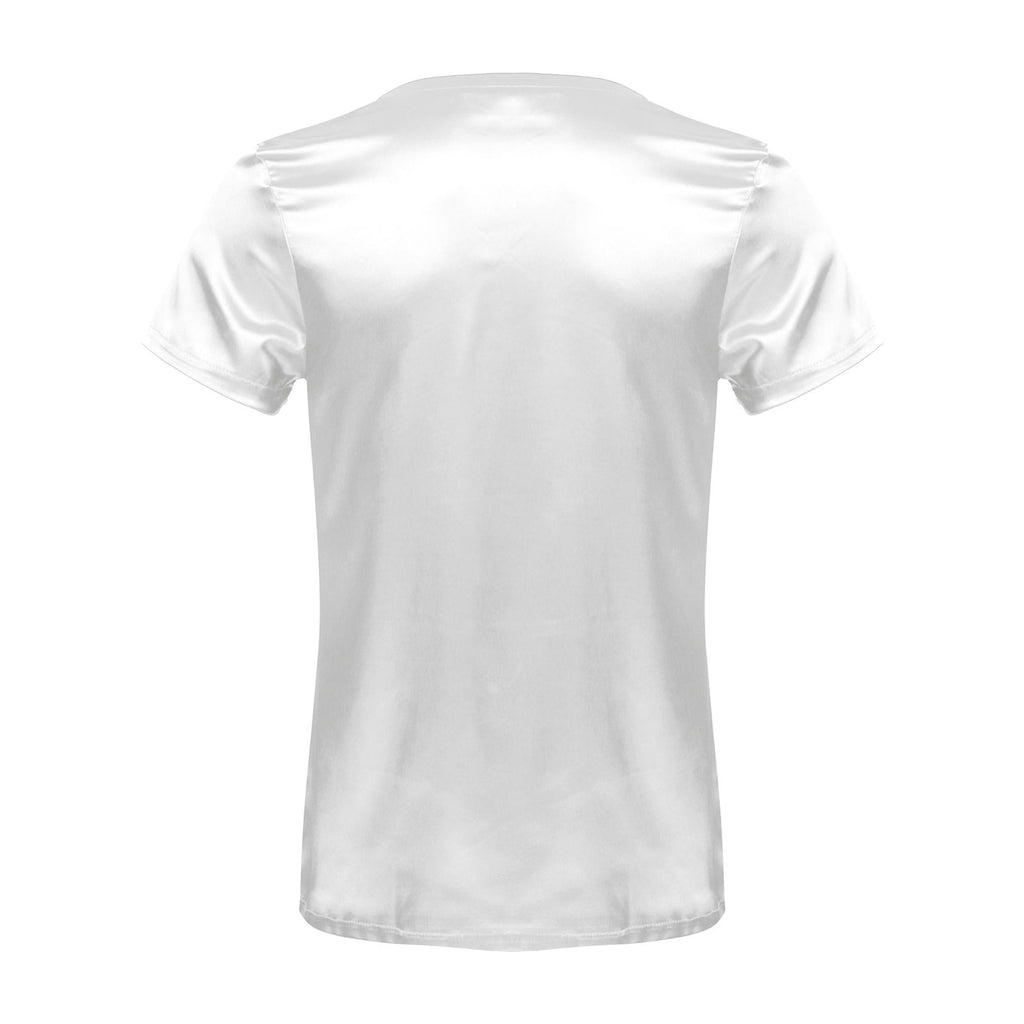 Mens Male Clothing V Neck Short Sleeve Satin Casual Comfortable T-Shirt Loose Pajamas Tops Loungewear Sleepwear Nightwear