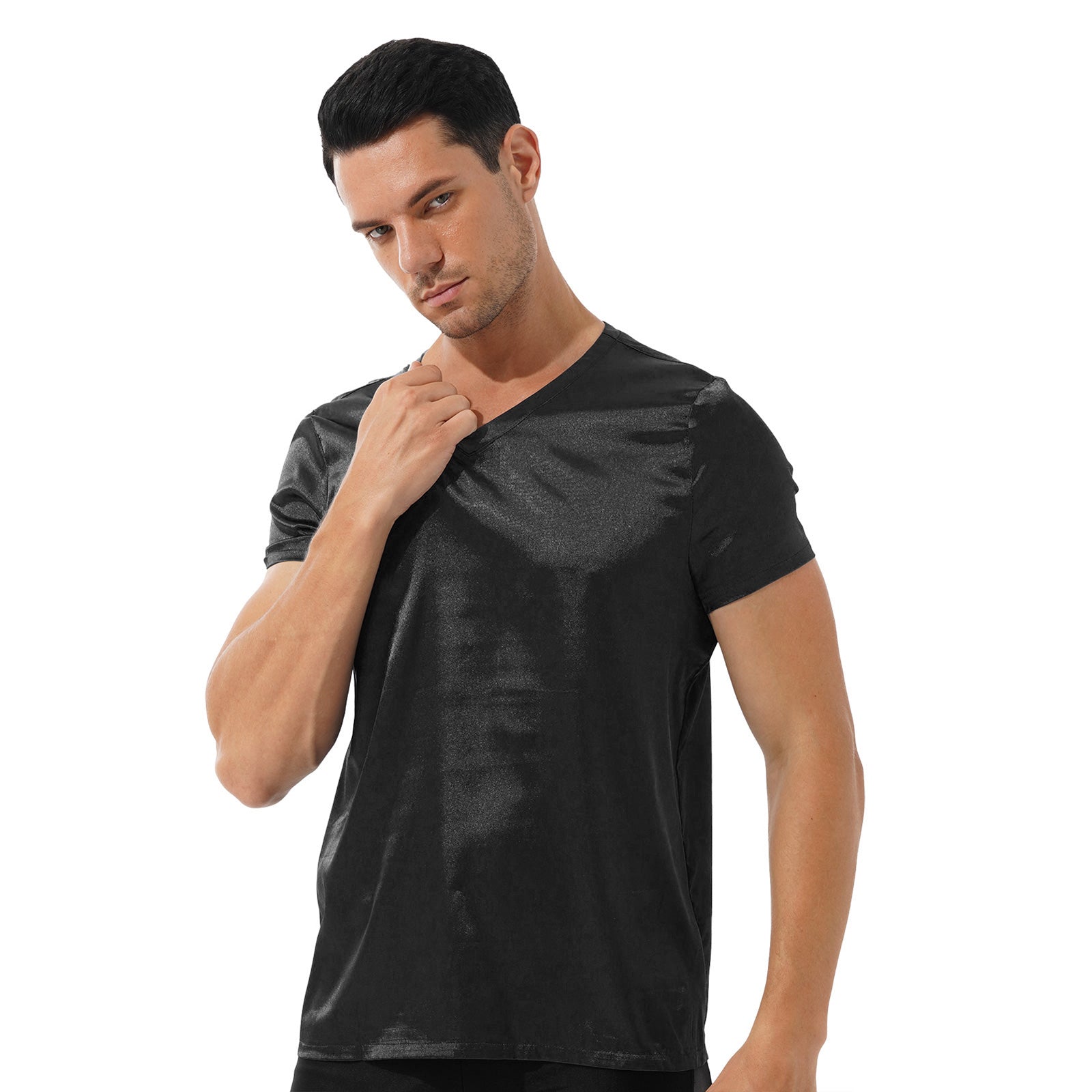 Mens Male Clothing V Neck Short Sleeve Satin Casual Comfortable T-Shirt Loose Pajamas Tops Loungewear Sleepwear Nightwear