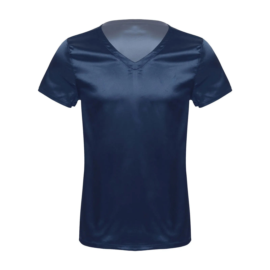 Mens Male Clothing V Neck Short Sleeve Satin Casual Comfortable T-Shirt Loose Pajamas Tops Loungewear Sleepwear Nightwear