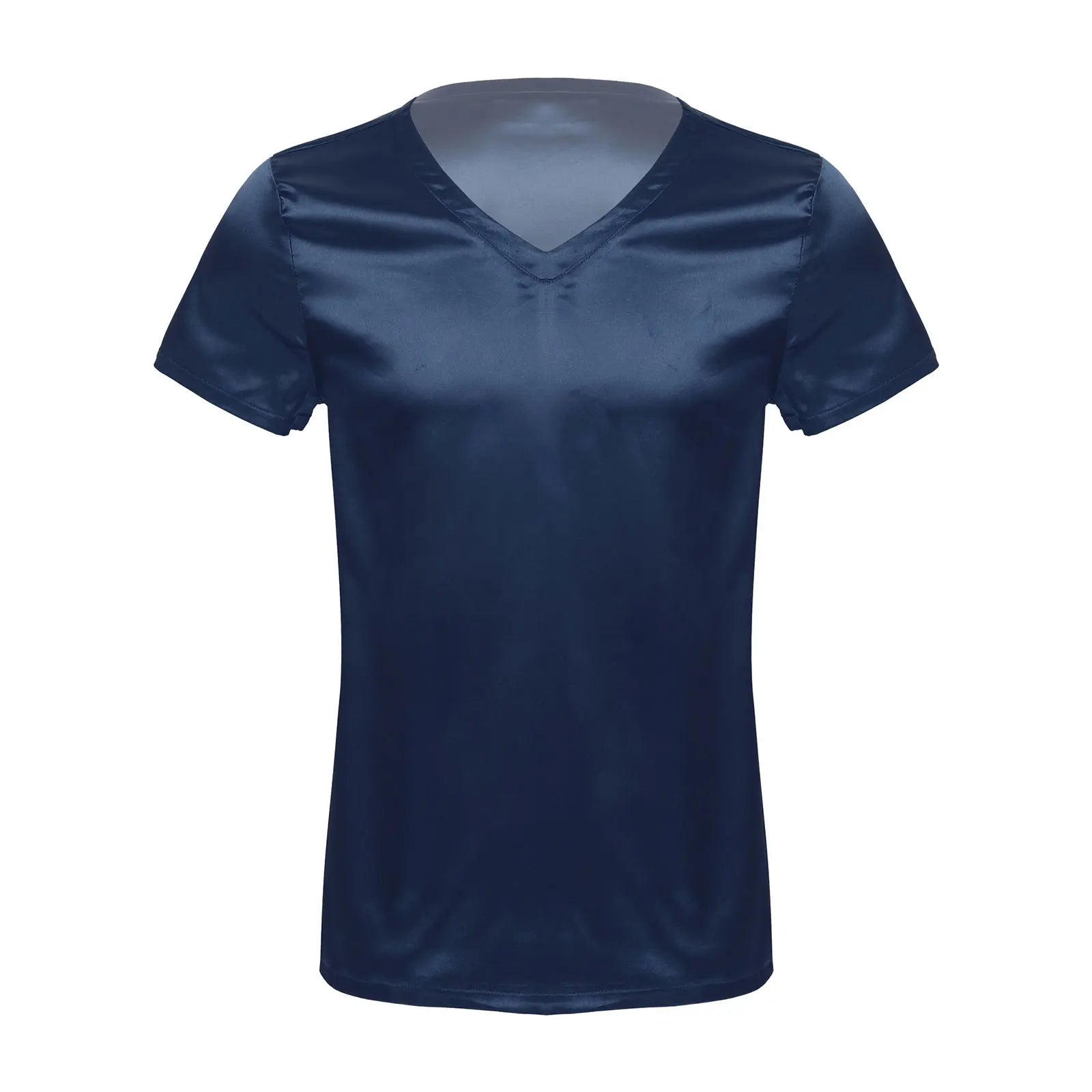 Mens Male Clothing V Neck Short Sleeve Satin Casual Comfortable T-Shirt Loose Pajamas Tops Loungewear Sleepwear Nightwear
