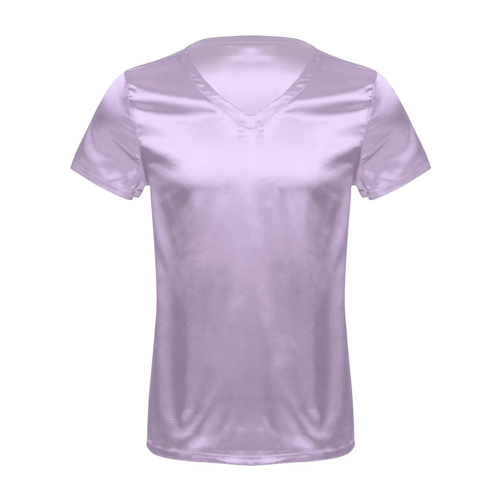 Mens Male Clothing V Neck Short Sleeve Satin Casual Comfortable T-Shirt Loose Pajamas Tops Loungewear Sleepwear Nightwear