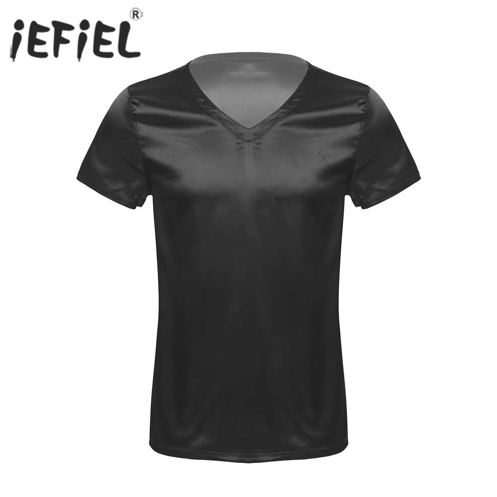 Mens Male Clothing V Neck Short Sleeve Satin Casual Comfortable T-Shirt Loose Pajamas Tops Loungewear Sleepwear Nightwear