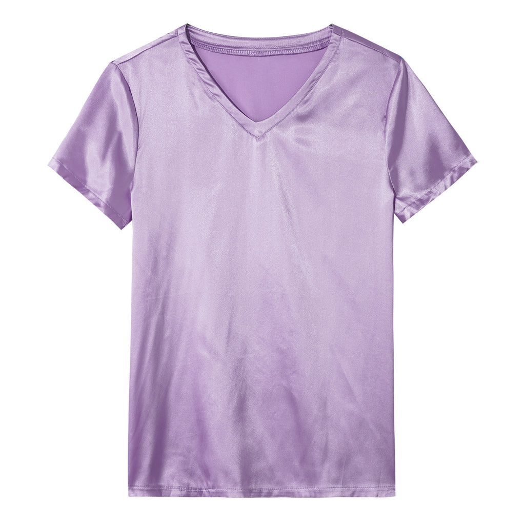 Mens Male Clothing V Neck Short Sleeve Satin Casual Comfortable T-Shirt Loose Pajamas Tops Loungewear Sleepwear Nightwear