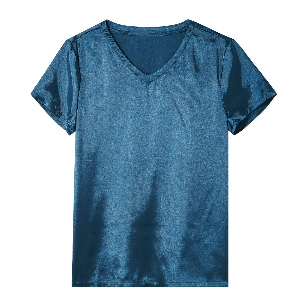 Mens Male Clothing V Neck Short Sleeve Satin Casual Comfortable T-Shirt Loose Pajamas Tops Loungewear Sleepwear Nightwear