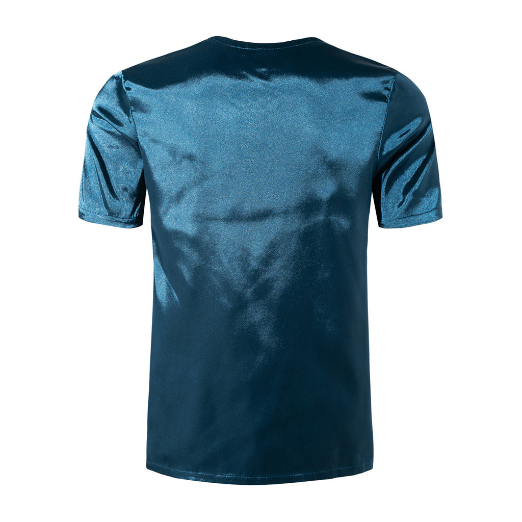 Mens Male Clothing V Neck Short Sleeve Satin Casual Comfortable T-Shirt Loose Pajamas Tops Loungewear Sleepwear Nightwear