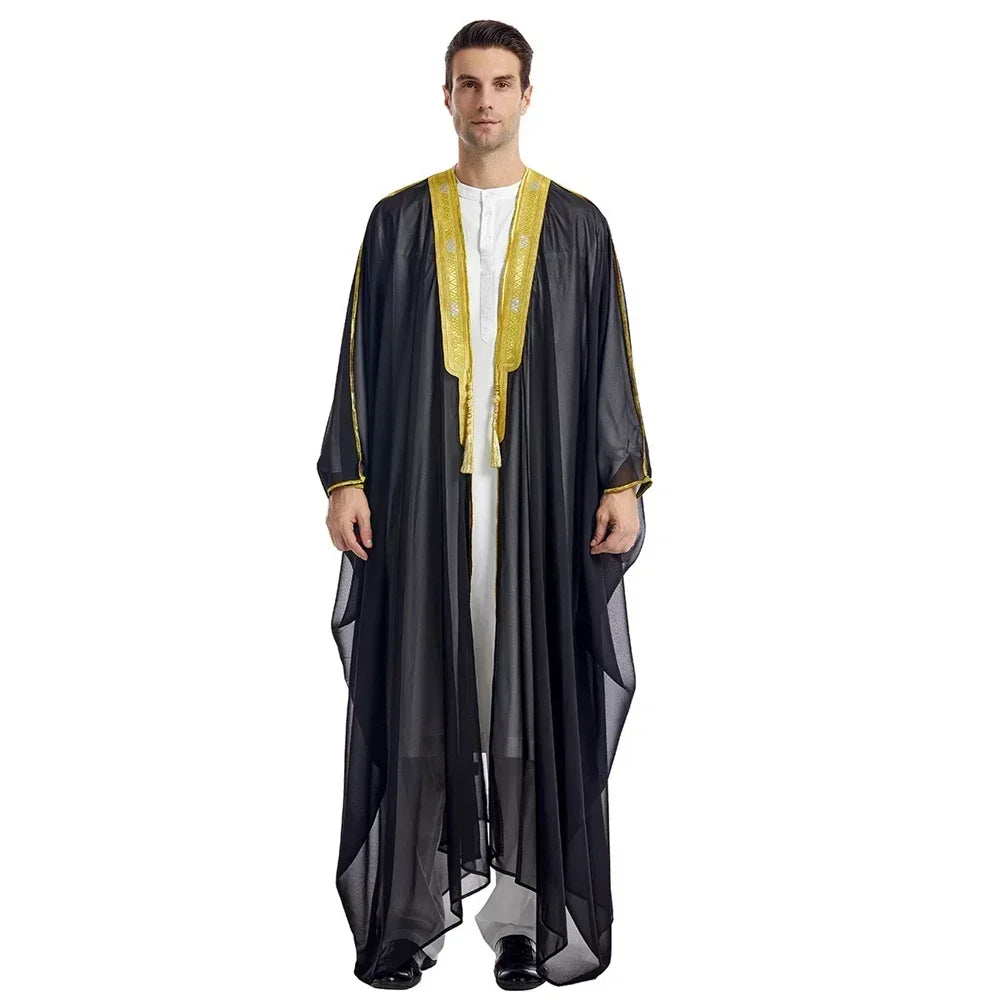 Men's Robe Muslim Clothes Kimono Loose Abaya Dresses Long Sleeve Embroidered Chiffon Kaftan Casual Formal Dubai Thobe