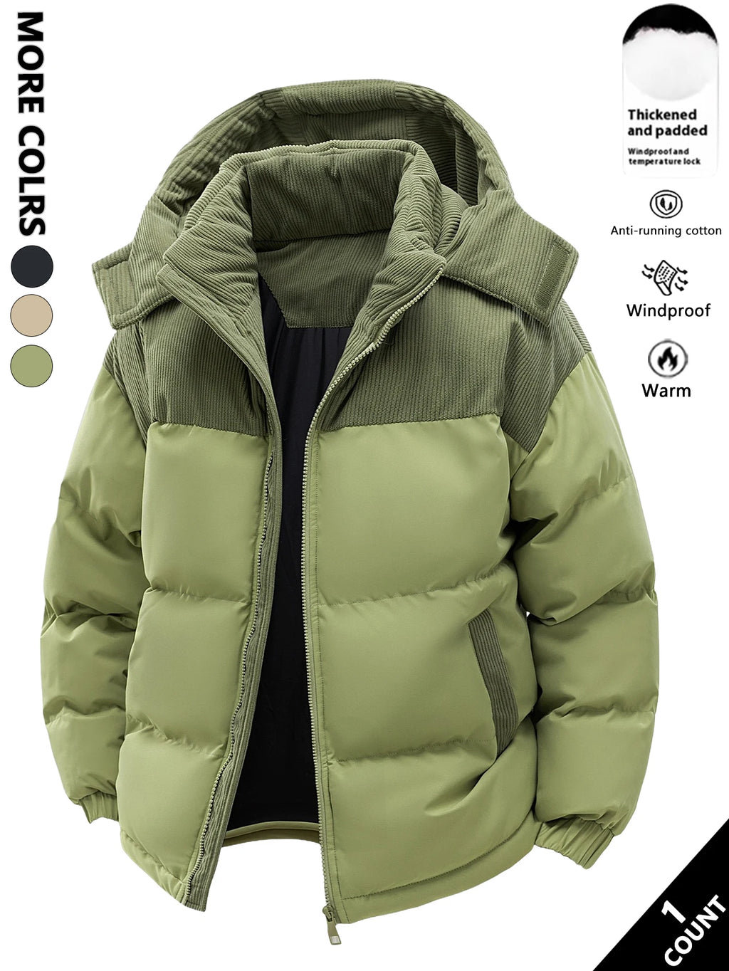 Men's Hooded Cotton Jacket, Thickeneded and Warm in Winter, Windproof and Cold-Resistant, Simple and Versatile for Work Clothing