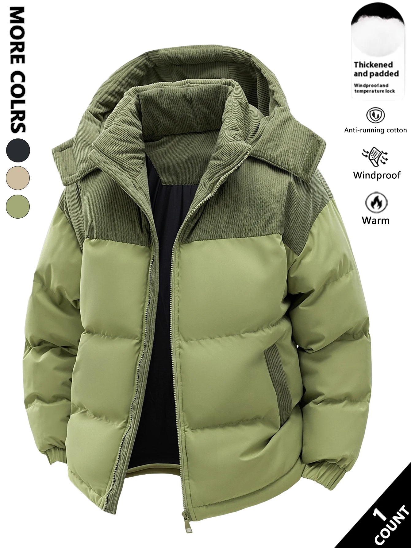 Men's Hooded Cotton Jacket, Thickeneded and Warm in Winter, Windproof and Cold-Resistant, Simple and Versatile for Work Clothing