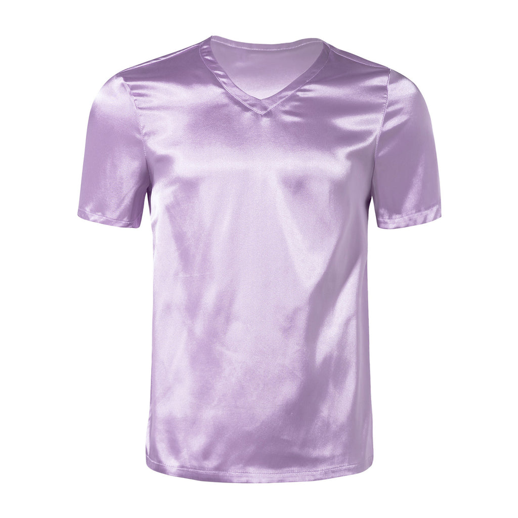Mens Male Clothing V Neck Short Sleeve Satin Casual Comfortable T-Shirt Loose Pajamas Tops Loungewear Sleepwear Nightwear
