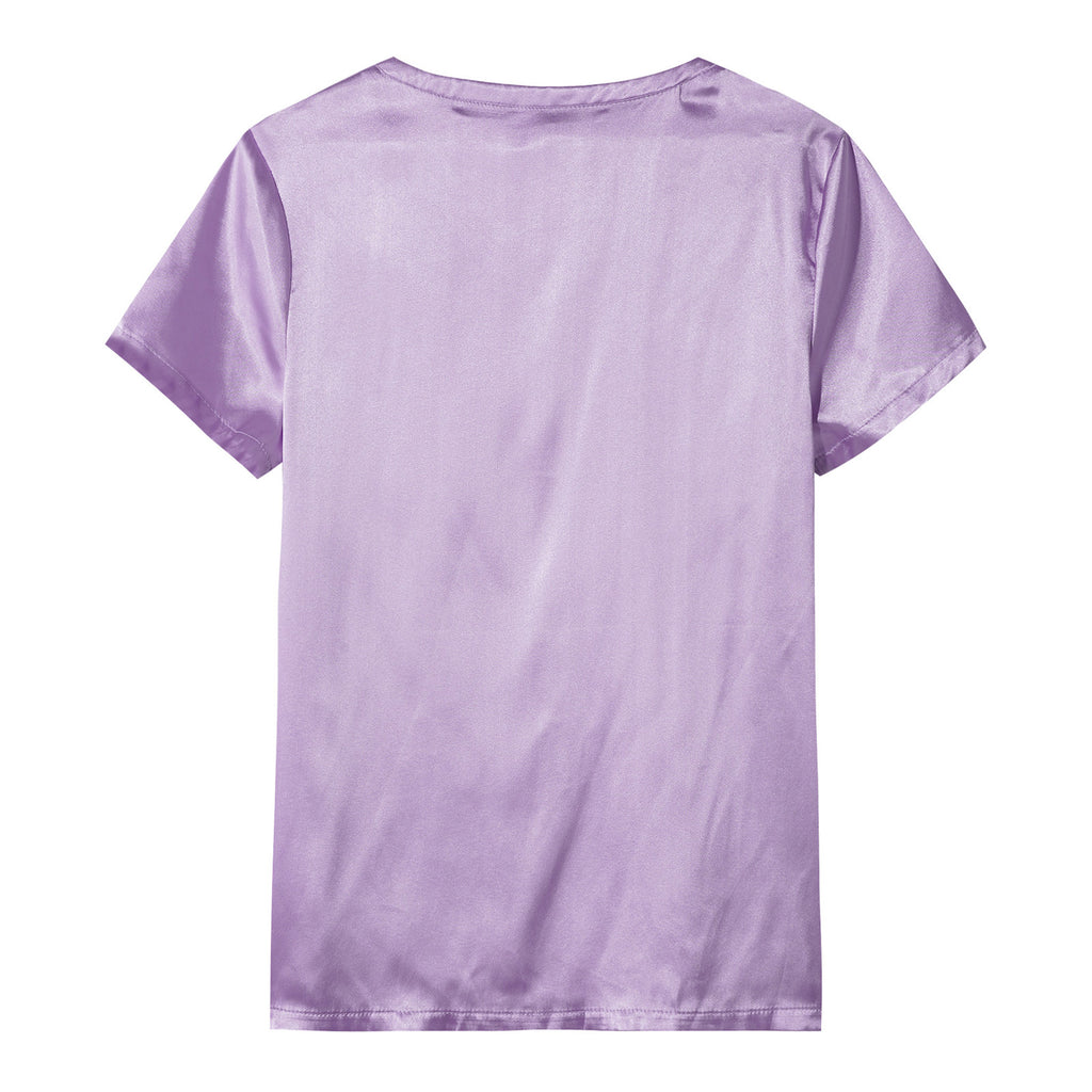 Mens Male Clothing V Neck Short Sleeve Satin Casual Comfortable T-Shirt Loose Pajamas Tops Loungewear Sleepwear Nightwear