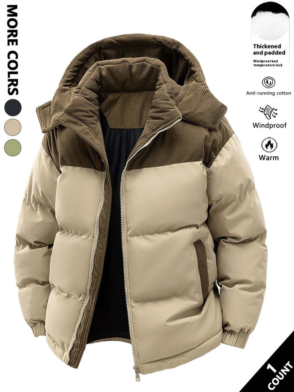 Men's Hooded Cotton Jacket, Thickeneded and Warm in Winter, Windproof and Cold-Resistant, Simple and Versatile for Work Clothing