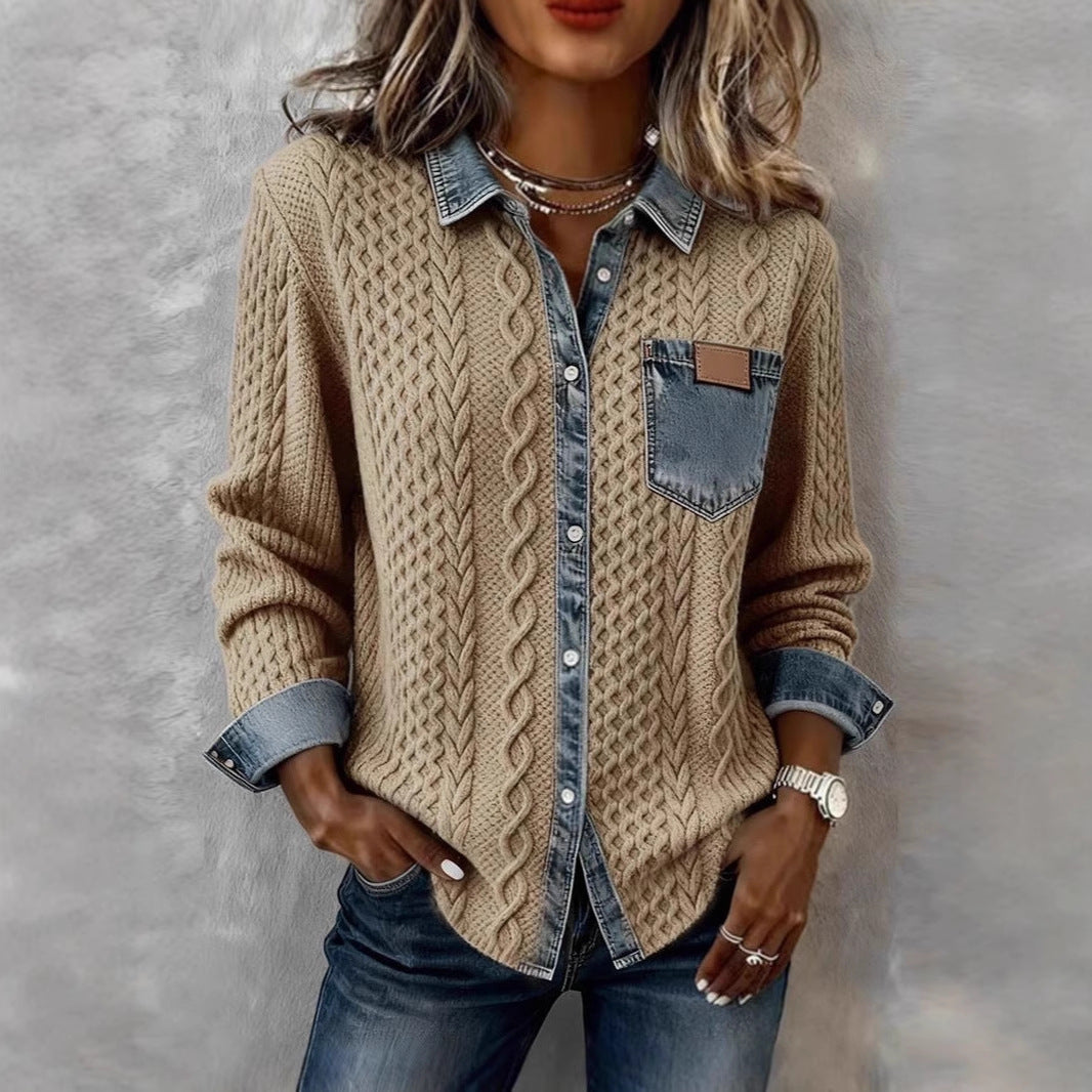 Stylish, Versatile Knitted Patchwork Denim Shirt For Women