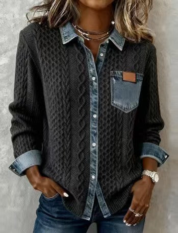 Stylish, Versatile Knitted Patchwork Denim Shirt For Women