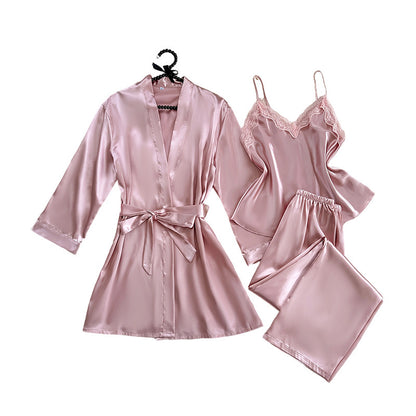 3-piece Pajama Set Autumn Winter Faux-silk Night Gown Bathrobe Sexy Ice-silk Camisole Pajama